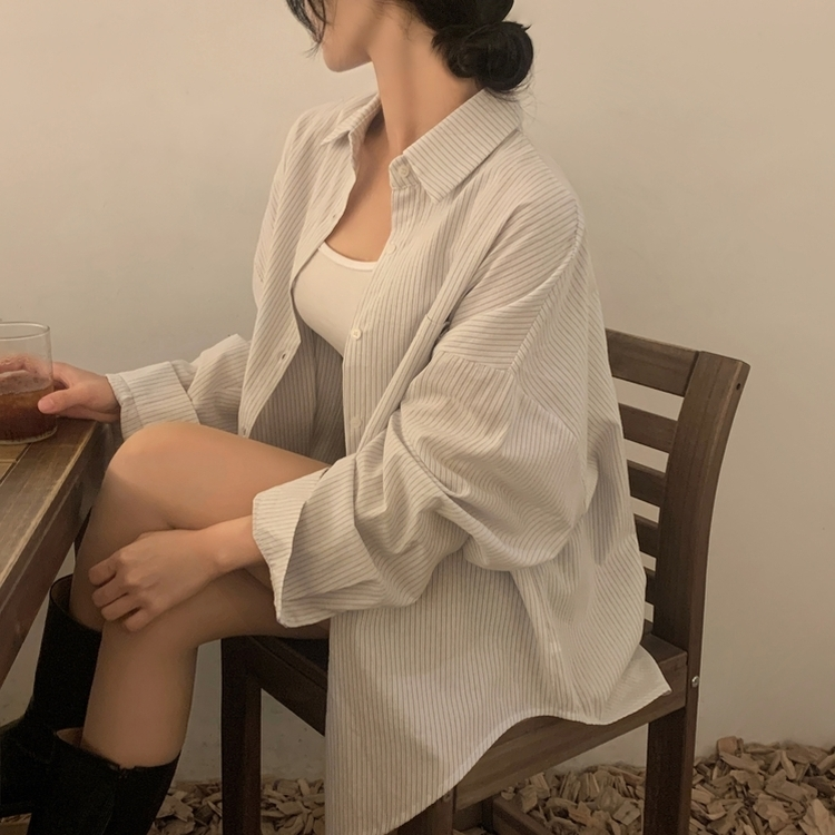 얼그레이 오버핏 스트라이프 셔츠 남방 아이보리