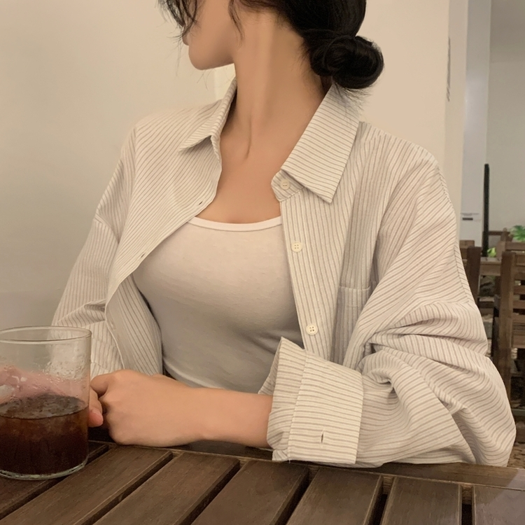 얼그레이 오버핏 스트라이프 셔츠 남방 아이보리