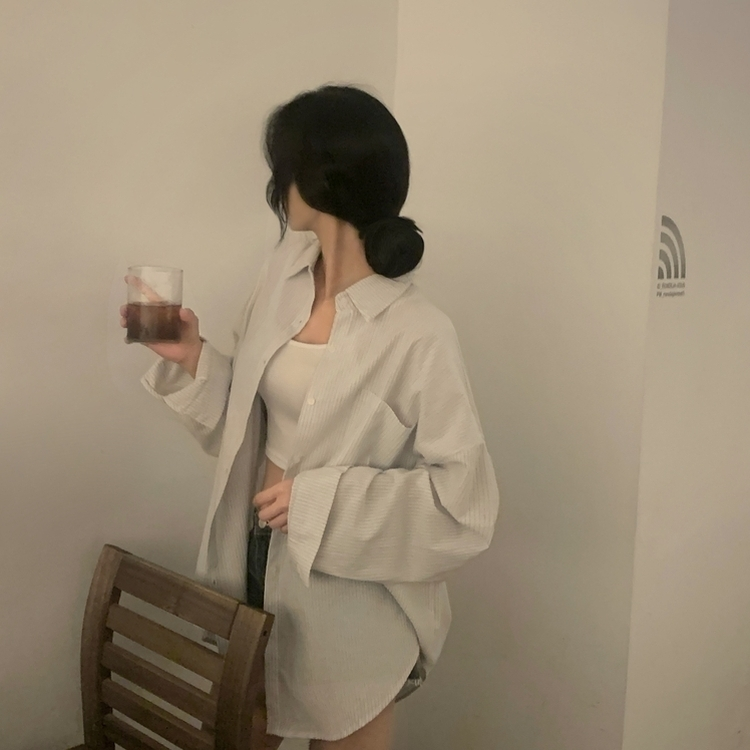 얼그레이 오버핏 스트라이프 셔츠 남방 아이보리