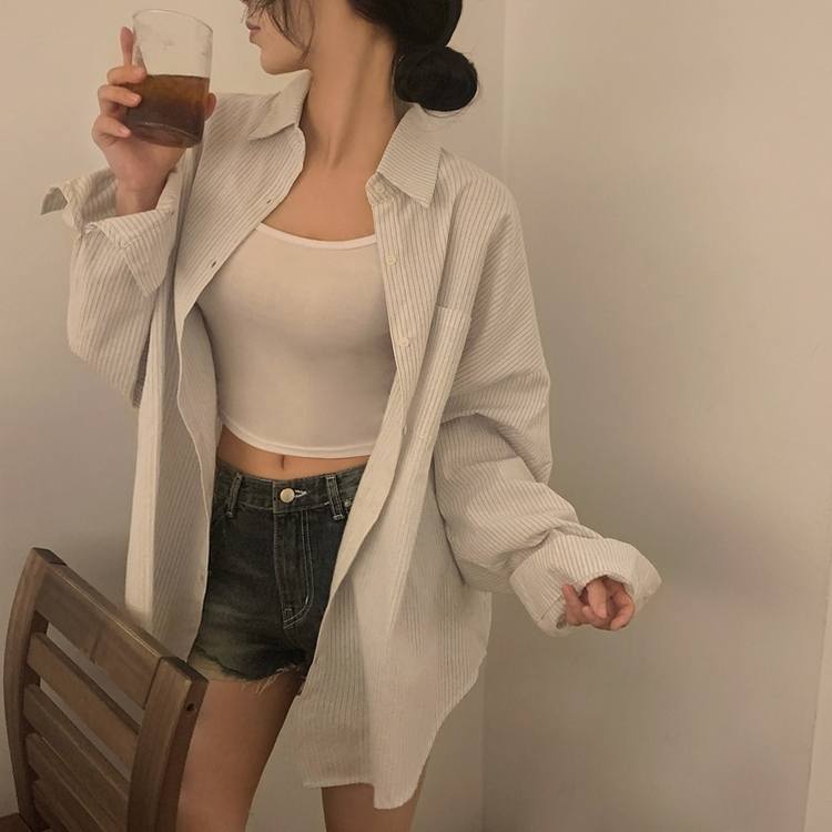 얼그레이 오버핏 스트라이프 셔츠 남방 아이보리