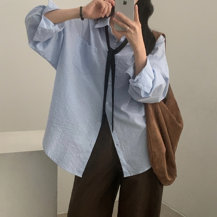 얼그레이 오버핏 스트라이프 셔츠 남방 소라