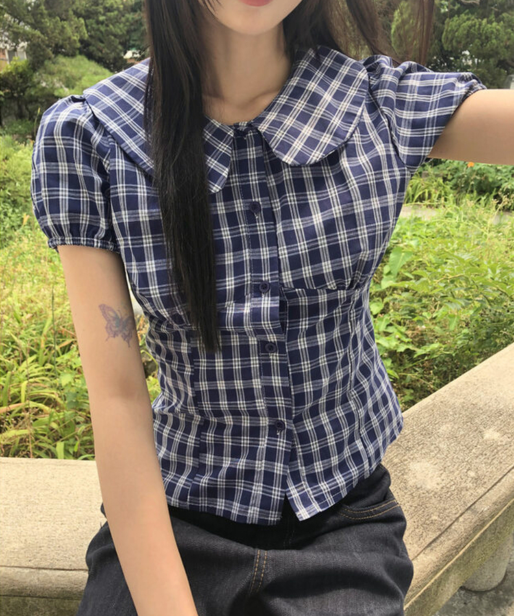 ラウンドパフチェックブラウス NAVY