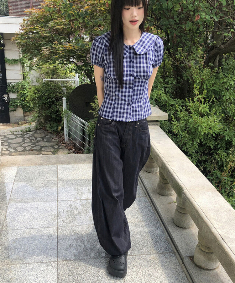 ラウンドパフチェックブラウス NAVY