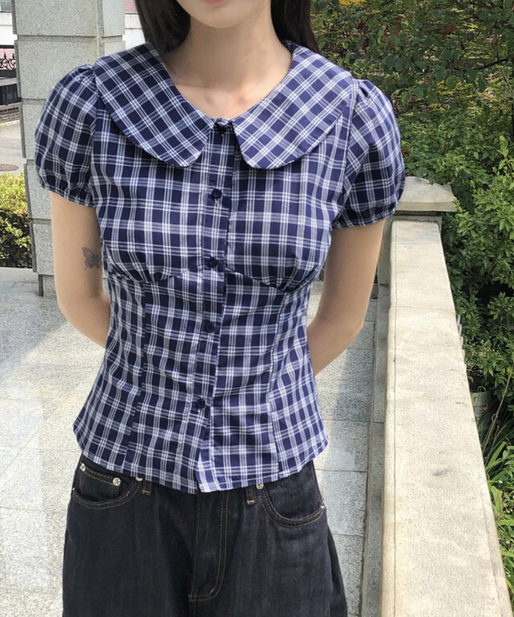 ラウンドパフチェックブラウス NAVY