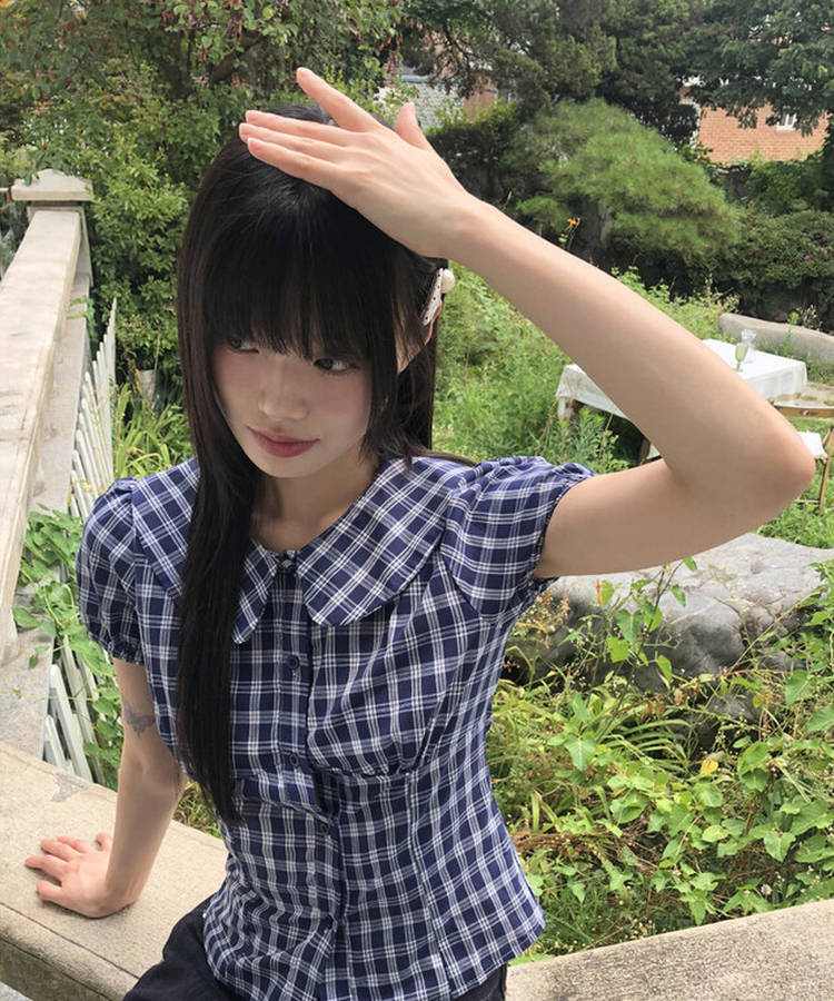 ラウンドパフチェックブラウス NAVY