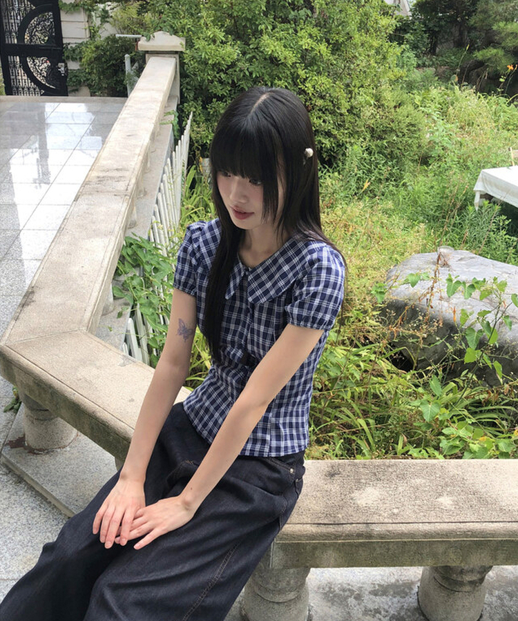 ラウンドパフチェックブラウス NAVY