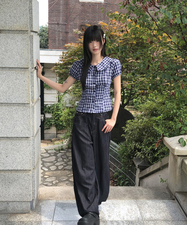 ラウンドパフチェックブラウス NAVY