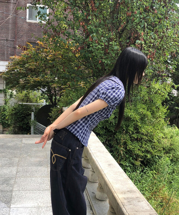 ラウンドパフチェックブラウス NAVY