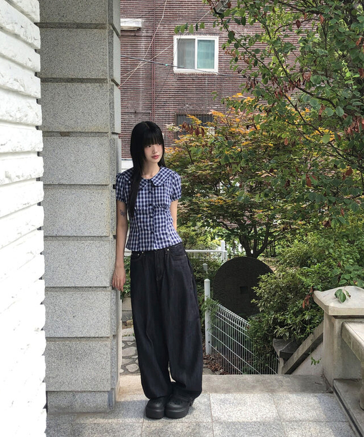 ラウンドパフチェックブラウス NAVY