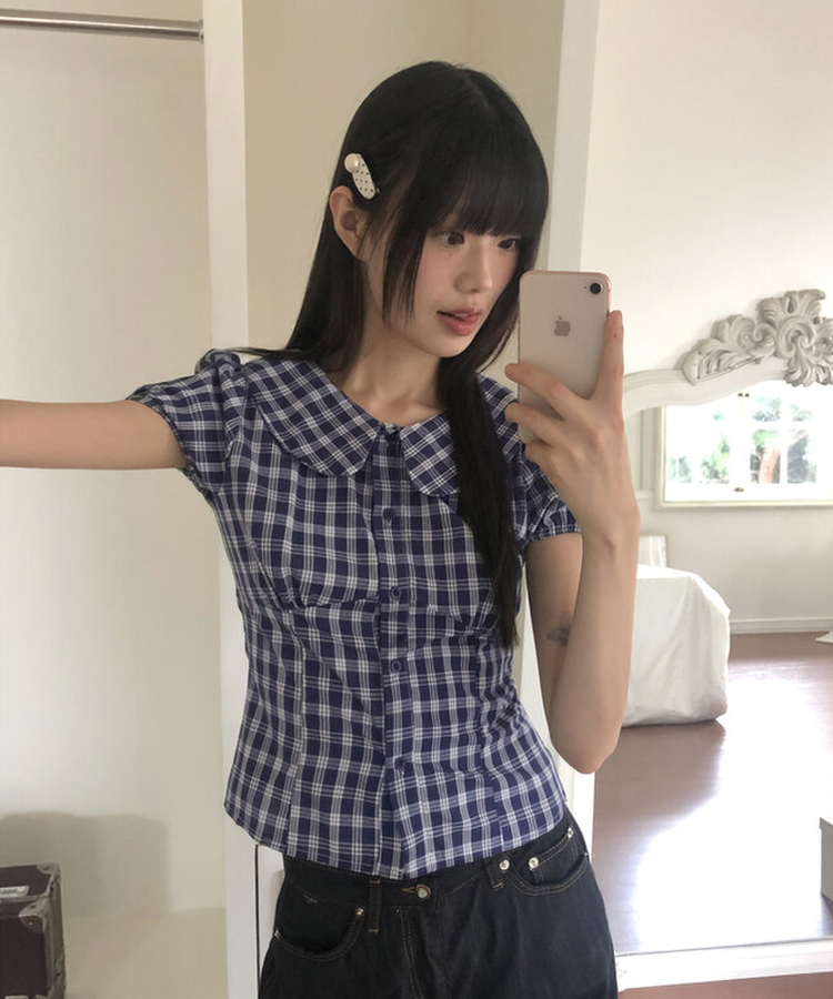 ラウンドパフチェックブラウス NAVY