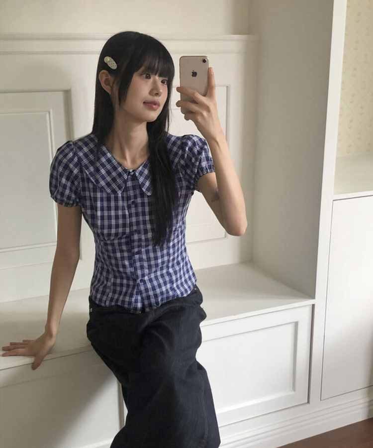 ラウンドパフチェックブラウス NAVY