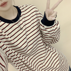 배색 단가라 스트라이프 왕박시 간절기 벌룬맨투맨 긴팔티셔츠 아이보리