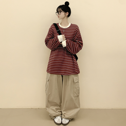 배색 단가라 스트라이프 왕박시 간절기 벌룬맨투맨 긴팔티셔츠 자주