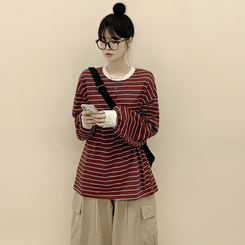 배색 단가라 스트라이프 왕박시 간절기 벌룬맨투맨 긴팔티셔츠 자주