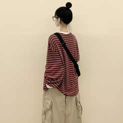 배색 단가라 스트라이프 왕박시 간절기 벌룬맨투맨 긴팔티셔츠 자주