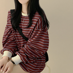 배색 단가라 스트라이프 왕박시 간절기 벌룬맨투맨 긴팔티셔츠 자주