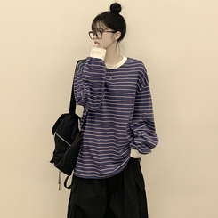 배색 단가라 스트라이프 왕박시 간절기 벌룬맨투맨 긴팔티셔츠 블루