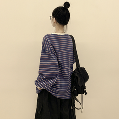 배색 단가라 스트라이프 왕박시 간절기 벌룬맨투맨 긴팔티셔츠 블루