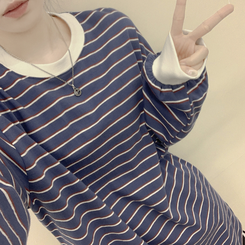 배색 단가라 스트라이프 왕박시 간절기 벌룬맨투맨 긴팔티셔츠 블루