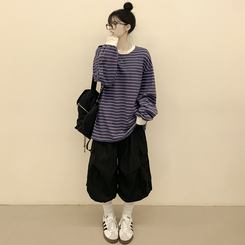 배색 단가라 스트라이프 왕박시 간절기 벌룬맨투맨 긴팔티셔츠 블루