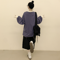 배색 단가라 스트라이프 왕박시 간절기 벌룬맨투맨 긴팔티셔츠 블루