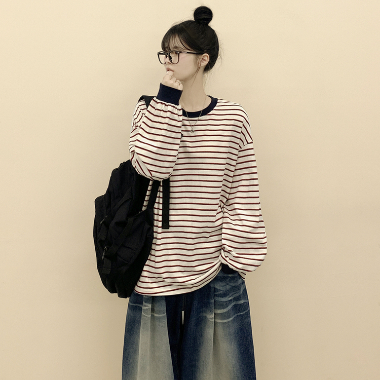 배색 단가라 스트라이프 왕박시 간절기 벌룬맨투맨 긴팔티셔츠 아이보리