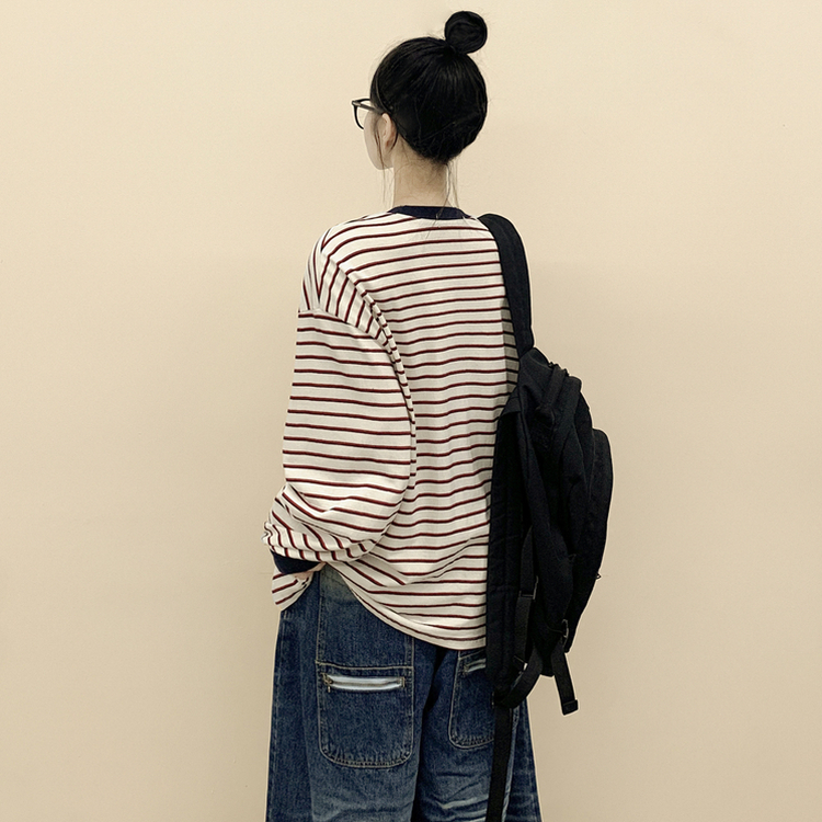 배색 단가라 스트라이프 왕박시 간절기 벌룬맨투맨 긴팔티셔츠 아이보리