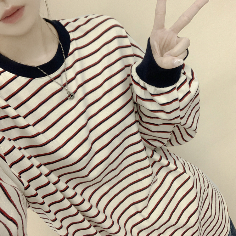 배색 단가라 스트라이프 왕박시 간절기 벌룬맨투맨 긴팔티셔츠 아이보리