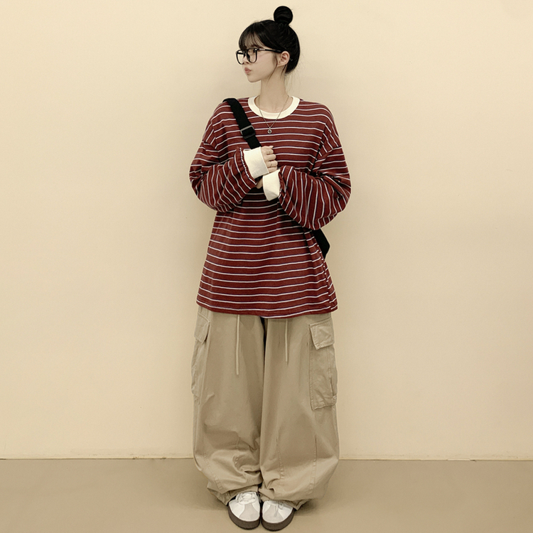 배색 단가라 스트라이프 왕박시 간절기 벌룬맨투맨 긴팔티셔츠 자주