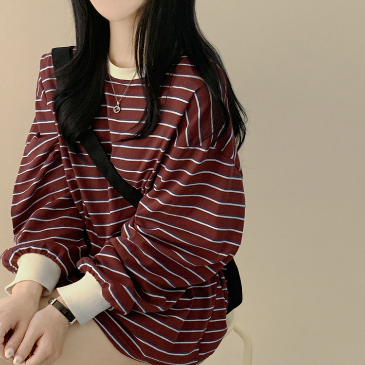 배색 단가라 스트라이프 왕박시 간절기 벌룬맨투맨 긴팔티셔츠 자주