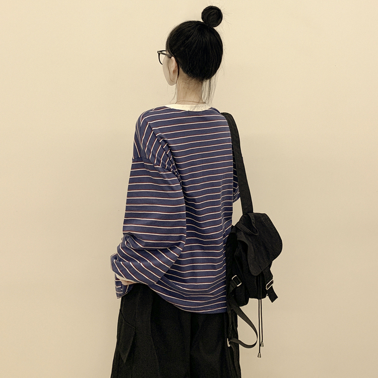 배색 단가라 스트라이프 왕박시 간절기 벌룬맨투맨 긴팔티셔츠 블루