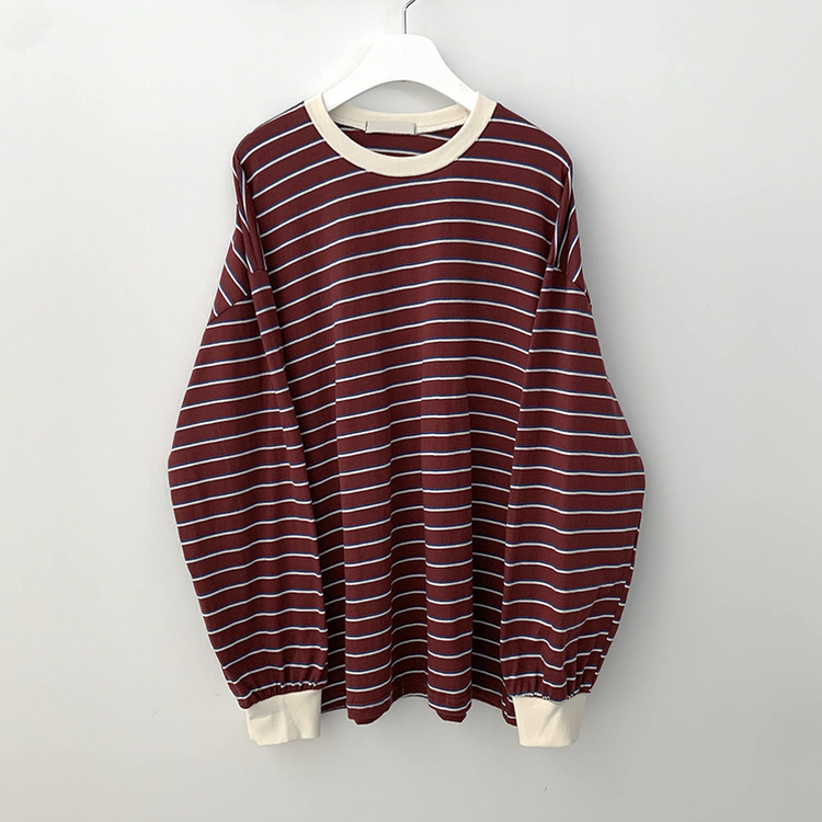 배색 단가라 스트라이프 왕박시 간절기 벌룬맨투맨 긴팔티셔츠
