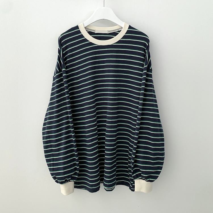 배색 단가라 스트라이프 왕박시 간절기 벌룬맨투맨 긴팔티셔츠