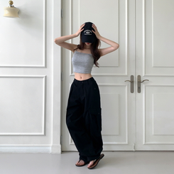 ヒップムードコットンワイドパンツ BLACK