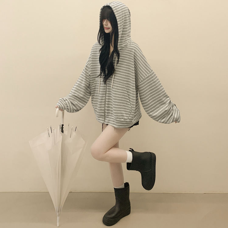 단가라 오버핏 스트라이프 간절기 여름 벌룬 후드집업