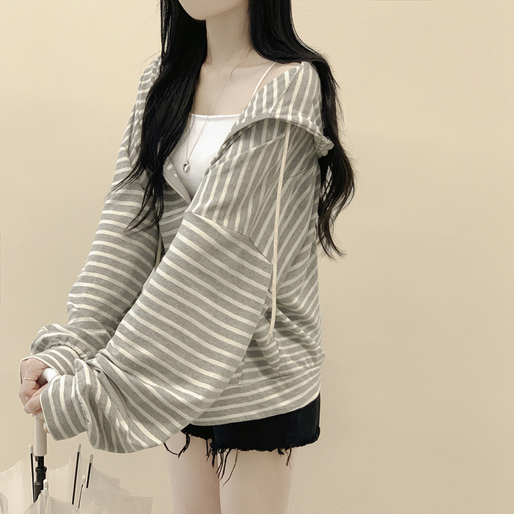 단가라 오버핏 스트라이프 간절기 여름 벌룬 후드집업