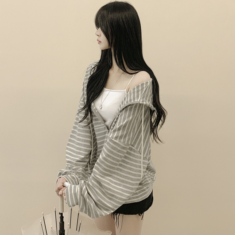 단가라 오버핏 스트라이프 간절기 여름 벌룬 후드집업