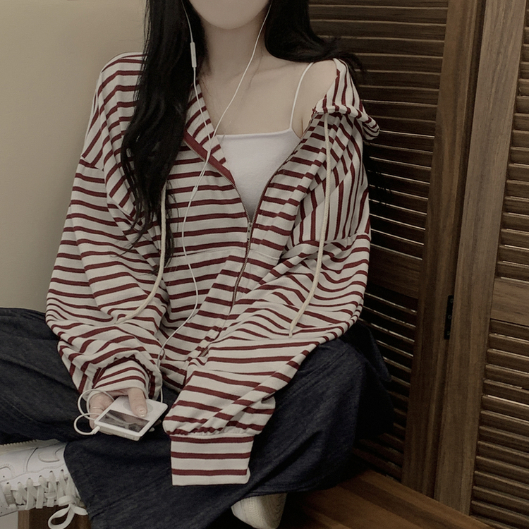 단가라 오버핏 스트라이프 간절기 여름 벌룬 후드집업