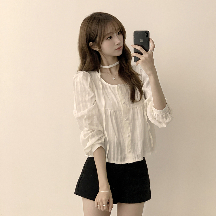 러블리 무드 슈니 펀칭 자수 퍼프 여름 긴팔 콩단추 블라우스 아이보리