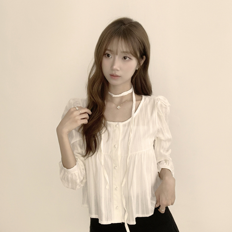 러블리 무드 슈니 펀칭 자수 퍼프 여름 긴팔 콩단추 블라우스 아이보리