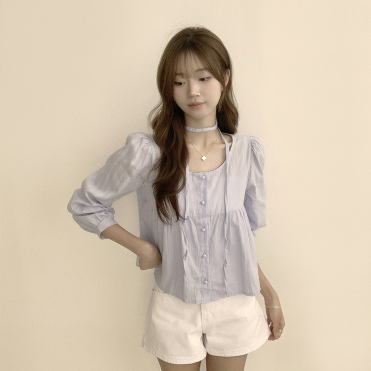 러블리 무드 슈니 펀칭 자수 퍼프 여름 긴팔 콩단추 블라우스 소라