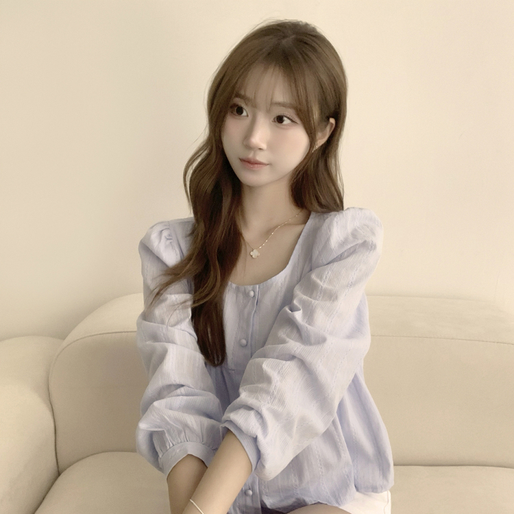 러블리 무드 슈니 펀칭 자수 퍼프 여름 긴팔 콩단추 블라우스 소라