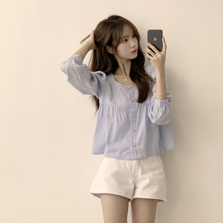 러블리 무드 슈니 펀칭 자수 퍼프 여름 긴팔 콩단추 블라우스 소라