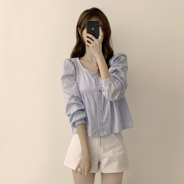 러블리 무드 슈니 펀칭 자수 퍼프 여름 긴팔 콩단추 블라우스 소라