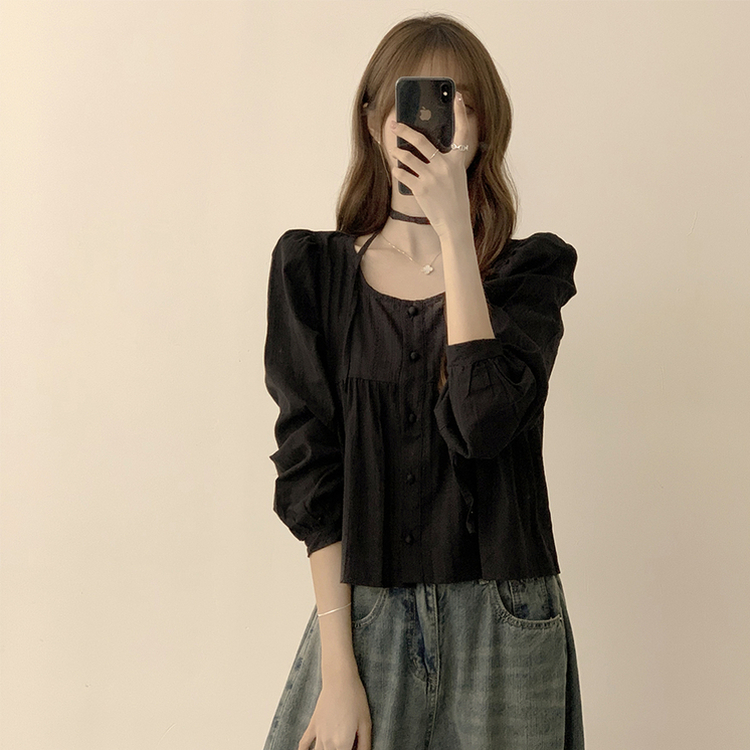 러블리 무드 슈니 펀칭 자수 퍼프 여름 긴팔 콩단추 블라우스 블랙
