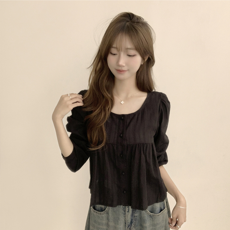 러블리 무드 슈니 펀칭 자수 퍼프 여름 긴팔 콩단추 블라우스 블랙