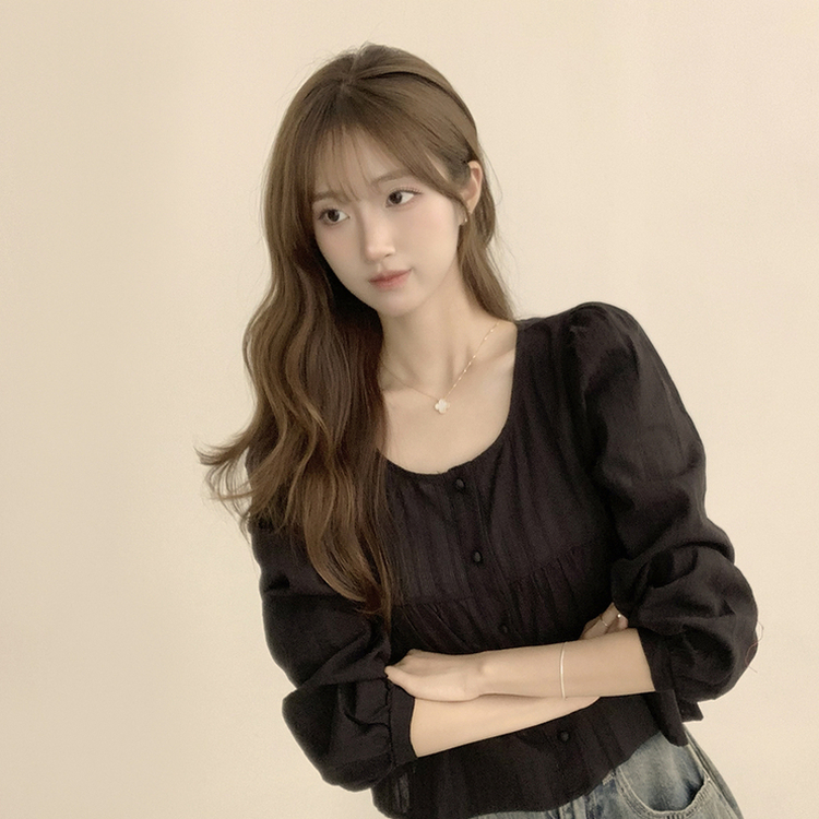 러블리 무드 슈니 펀칭 자수 퍼프 여름 긴팔 콩단추 블라우스 블랙