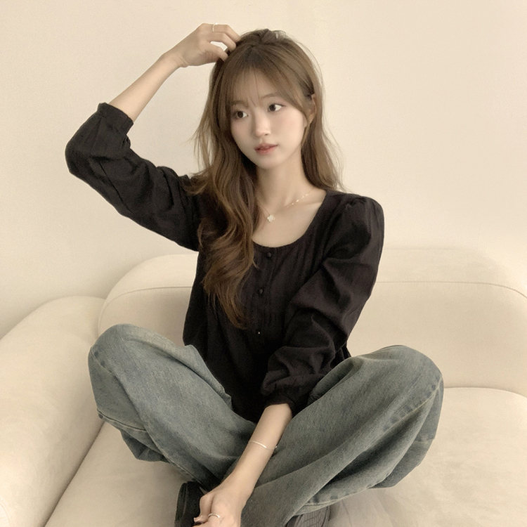 러블리 무드 슈니 펀칭 자수 퍼프 여름 긴팔 콩단추 블라우스 블랙