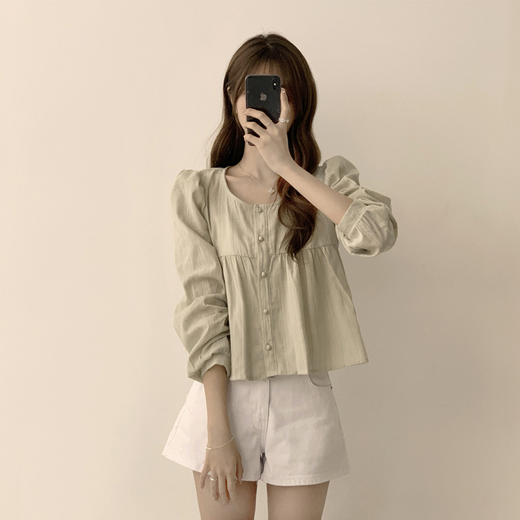 러블리 무드 슈니 펀칭 자수 퍼프 여름 긴팔 콩단추 블라우스 민트
