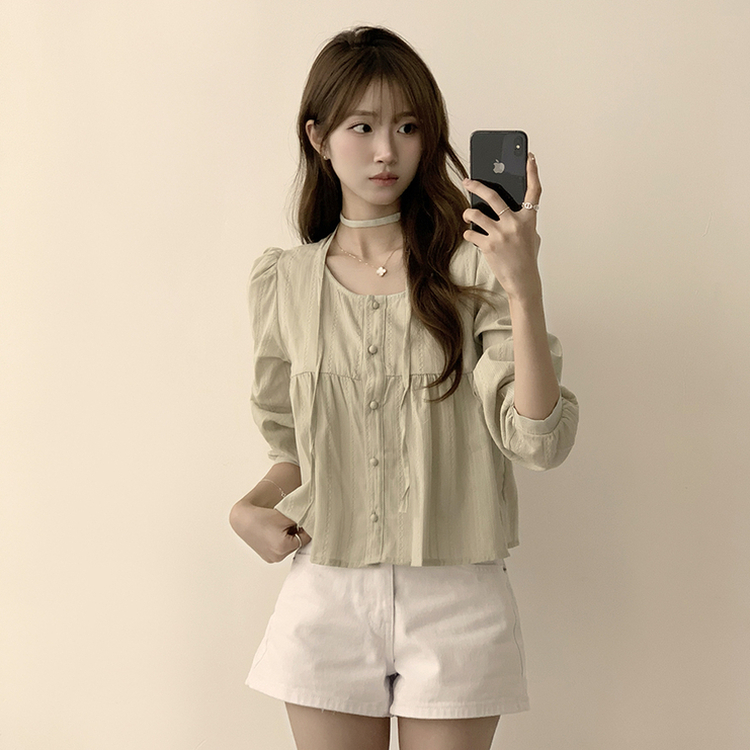 러블리 무드 슈니 펀칭 자수 퍼프 여름 긴팔 콩단추 블라우스 민트